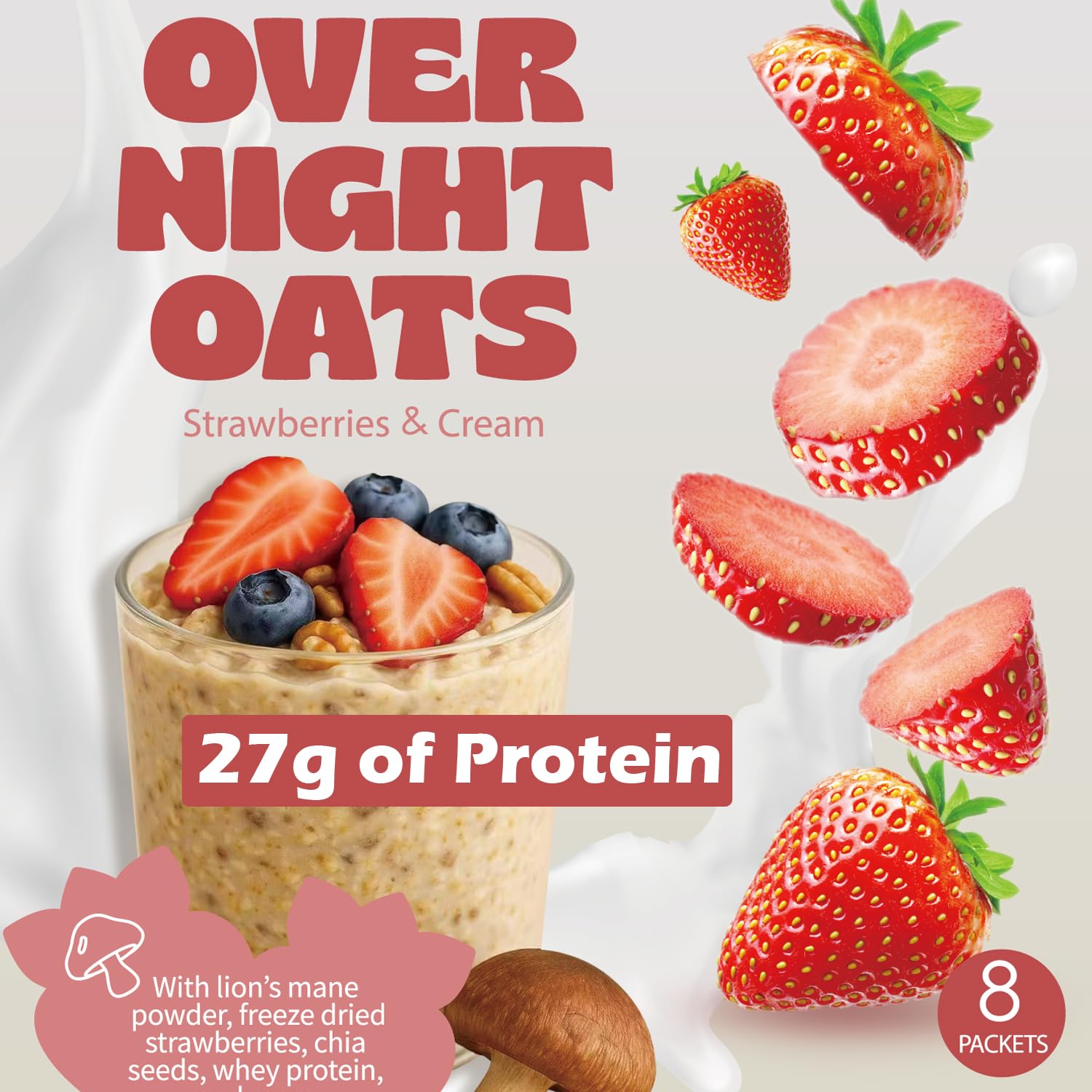 DIET COOKER Pilz Overnight Oats, 27 g Protein & Erdbeergeschmack, reich an Ballaststoffen, glutenfreier Protein-Haferflocken-Shake mit Chiasamen, Löwenmähnenpilz, Erdbeere – Haferflocken-Cremetorten