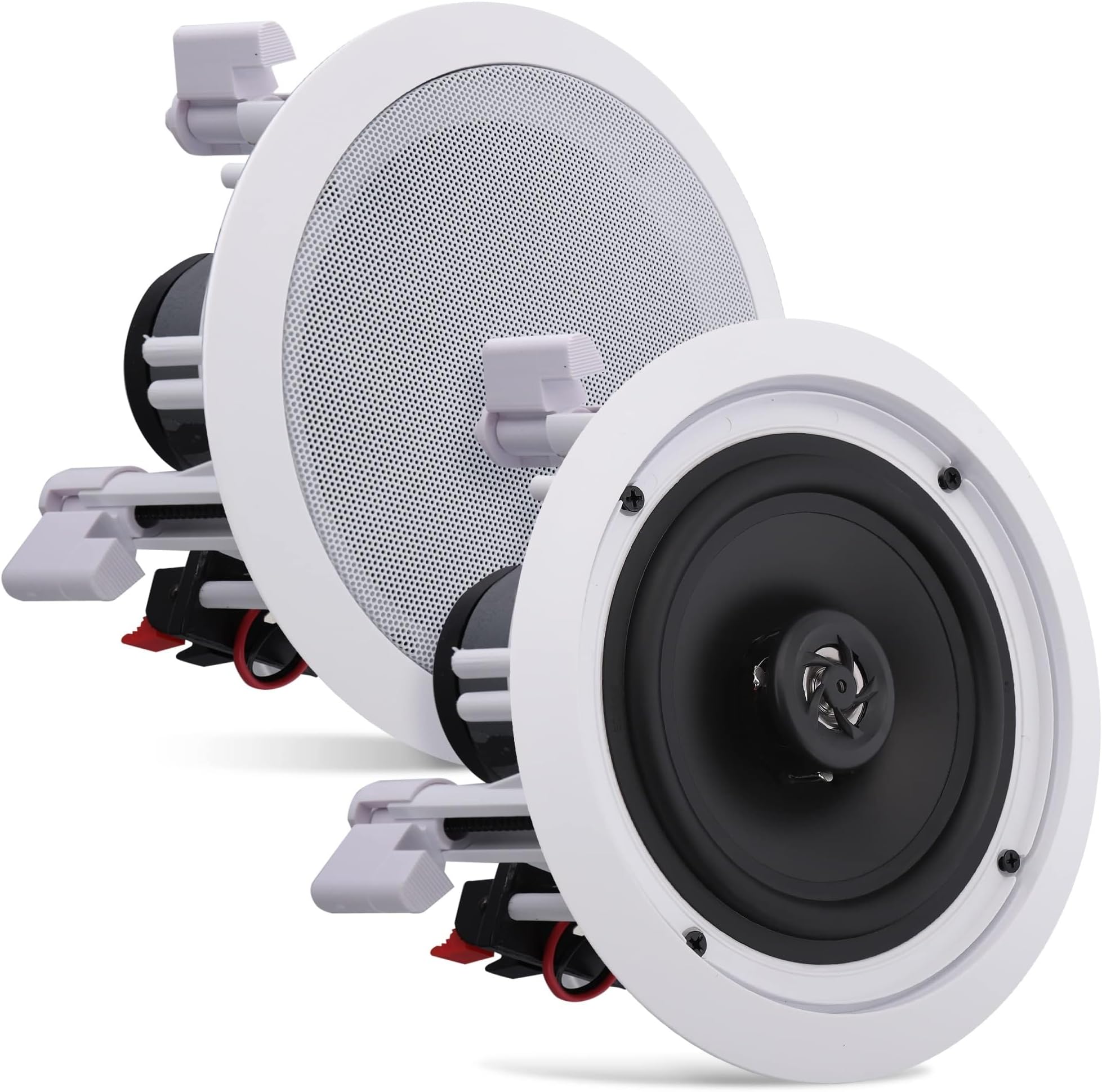THE WHITE SHOP 7.6" Flush Mount In-wall In-ceiling 2-Way Home Speaker System In-wall ceiling SpeakerSpring Loaded Quick Connections Dual Polypropylene Cone Polymer Tweeter Stereo Sound 200 Watts White