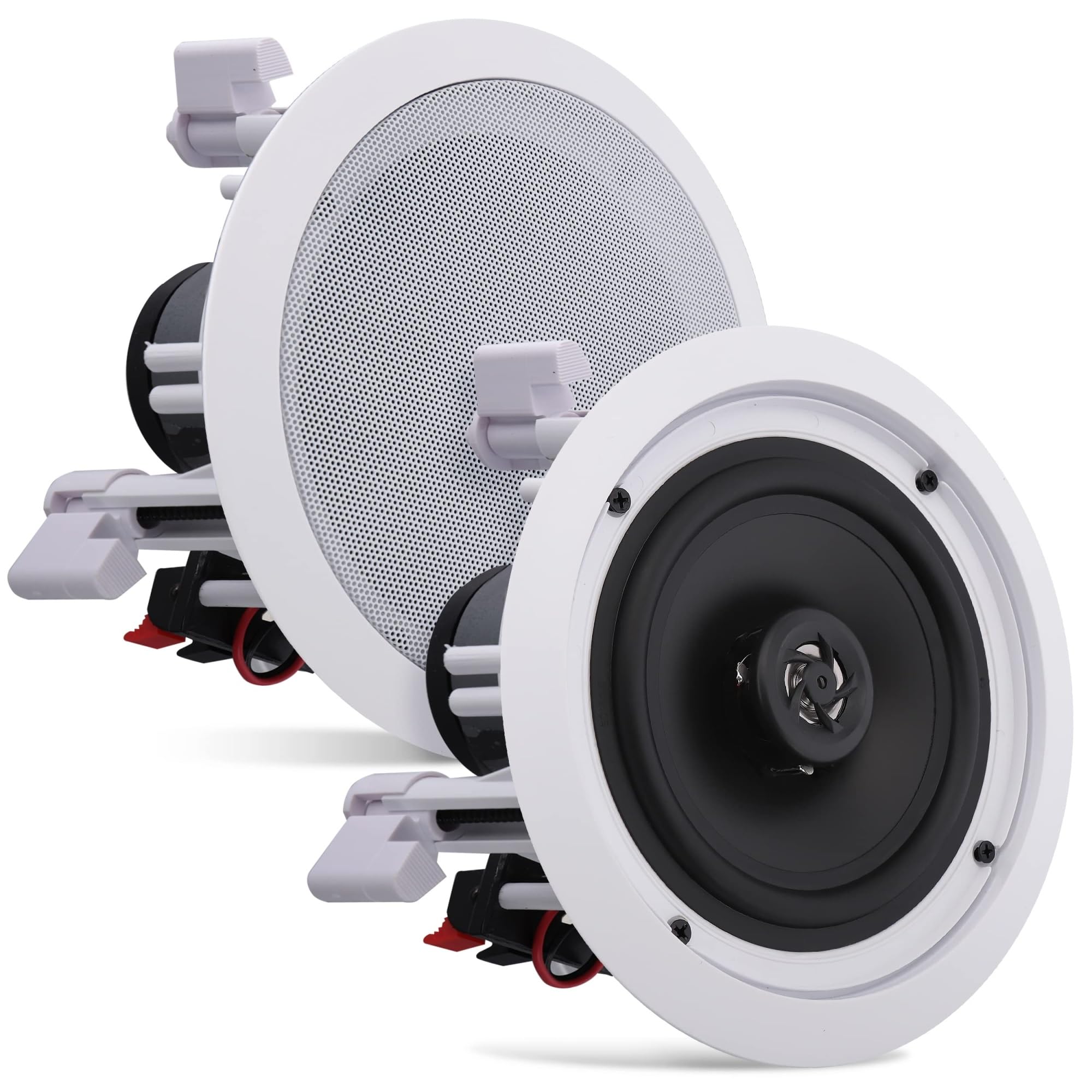 THE WHITE SHOP 7.6" Flush Mount In-wall In-ceiling 2-Way Home Speaker System In-wall ceiling SpeakerSpring Loaded Quick Connections Dual Polypropylene Cone Polymer Tweeter Stereo Sound 200 Watts White