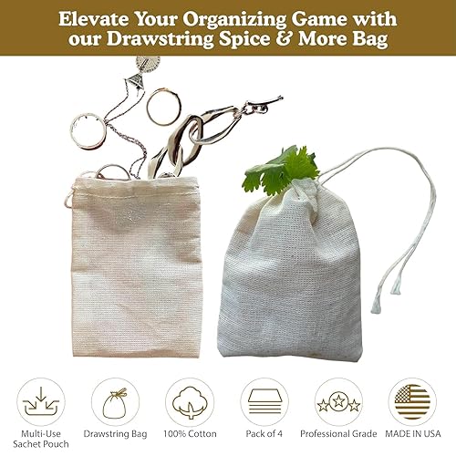 Miniatura 7 de Regency Wraps Bolsa con cordón 100% algodón, bolsas para guardar especias a granel, té, popurri y joyas, mini bolsas 100% algodón, 3 x 4 pulgadas,