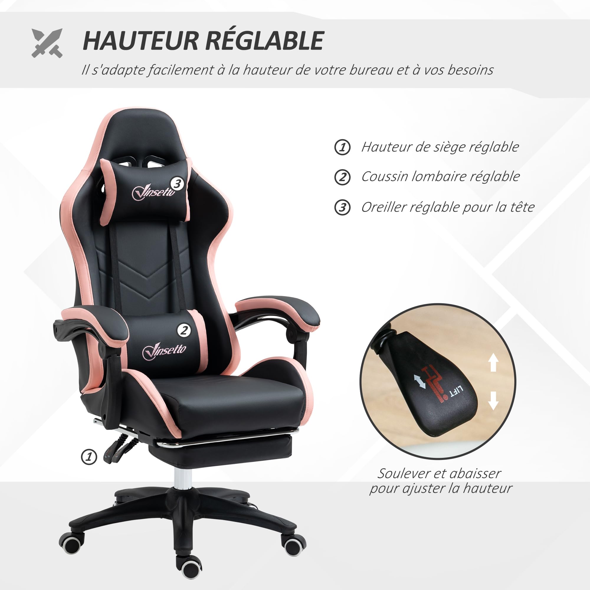 Vinsetto Chaise Gaming Ergonomique Repose-Pieds Télescopique Rose
