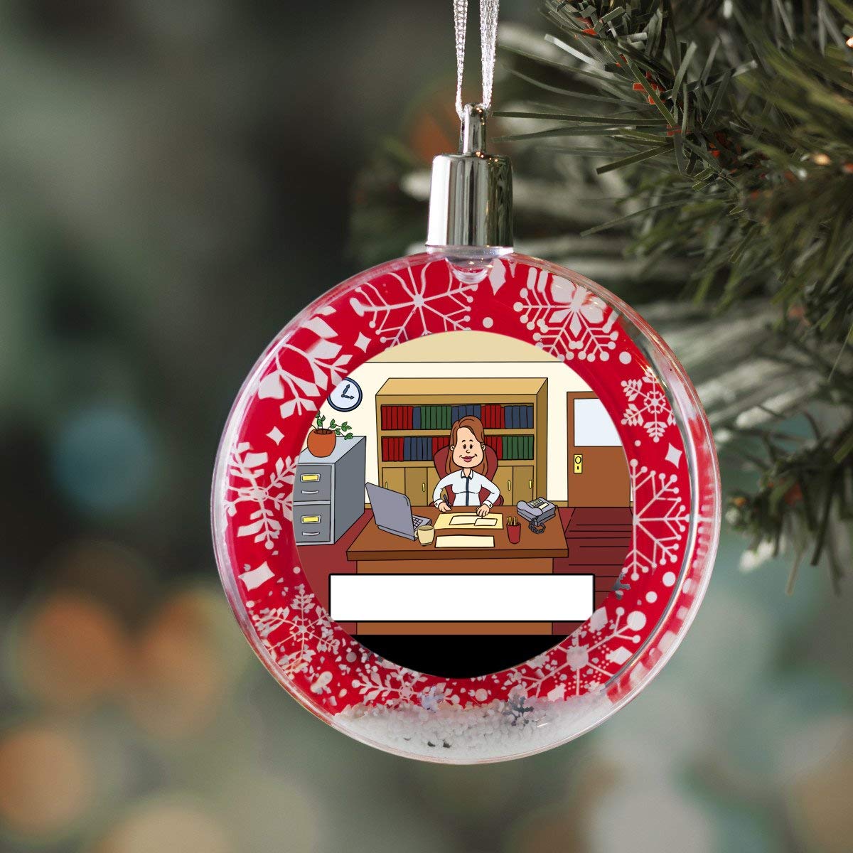 PrintedPerfection.com Personalized StoryLine Cartoon Caricature Snow Globe Christmas Ornament: Office, Clean - Female