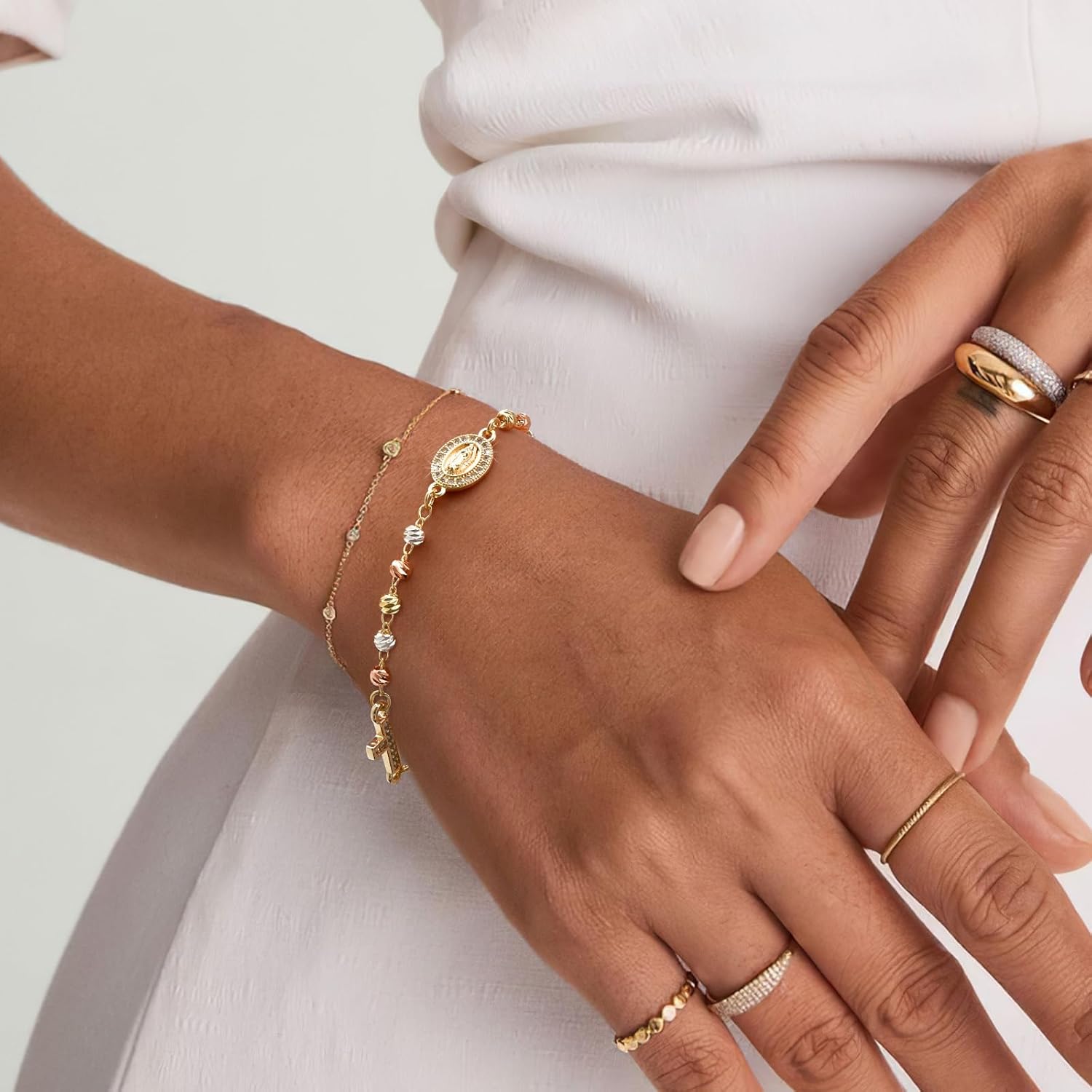 Gold Rosary Bead Cross Bracelet - 14k Gold Plated Virgin Mary Bracelets,Non Tarnish Golden Religious Rosarios Catolicos Virgen de Guadalupe Jewelry,Catholic Confirmation Baptism Gifts for Women - Image 3