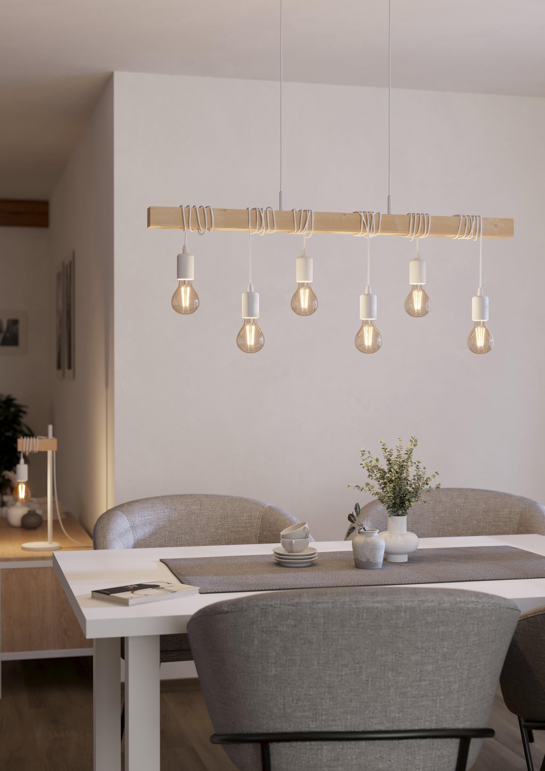 Eglo Suspension Townshend, lampe suspendue vintage à 6 flammes au design industriel, luminaire rétro en acier et bois, couleur : blanc, brun, douille : E27 | industriel, luminaire rétro en acier et bois, couleur : blanc, brun, douille : E27