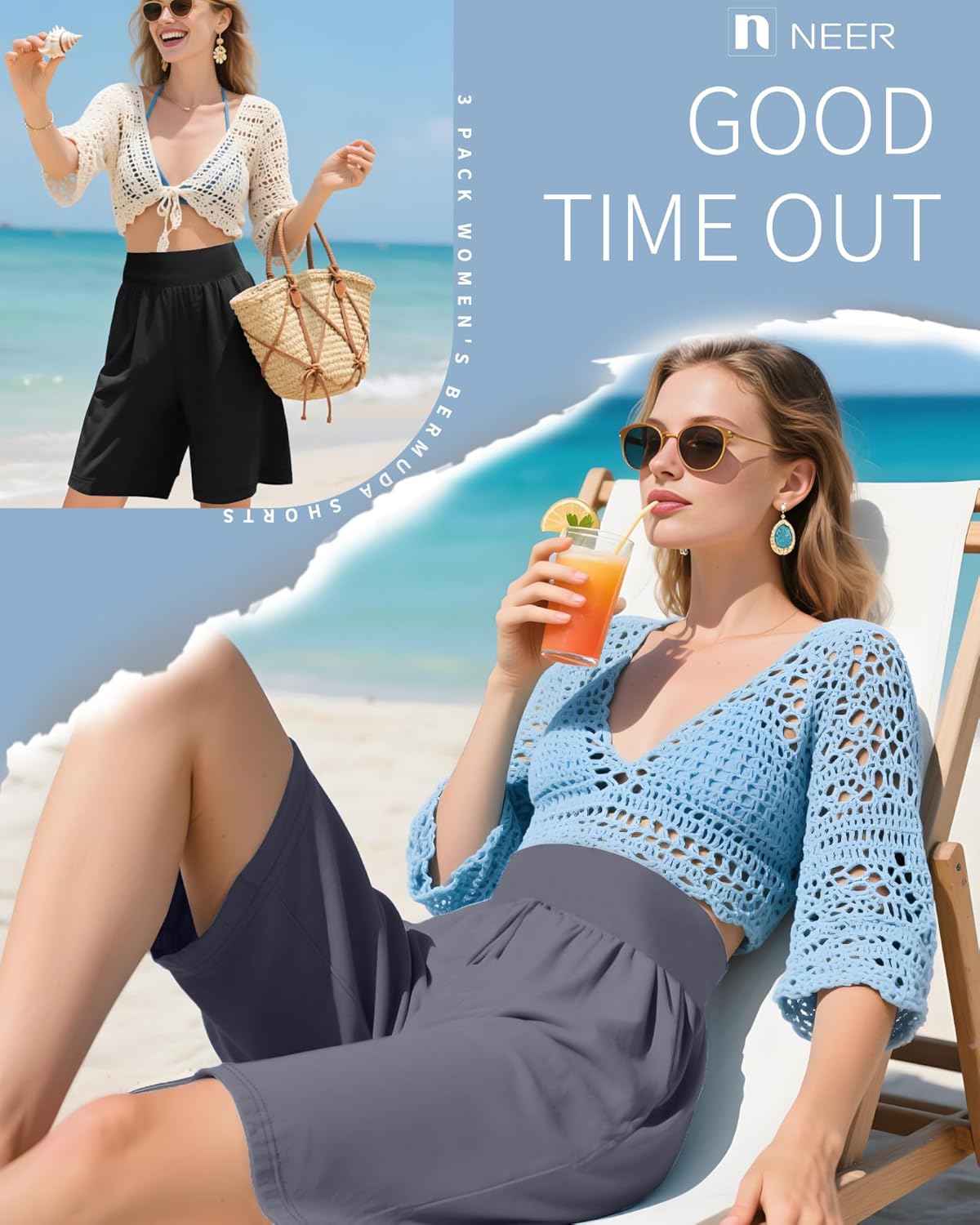 Neer 3 Pack Women's Bermuda Shorts, High Waist Cotton Stretch Casual Bottoms Knee Length Summer Athletic Short with Pockets(Black, Gray, Navy Blue,X-Large)