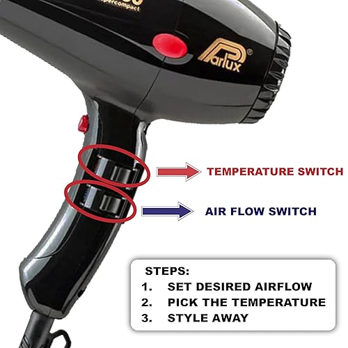 Miniatura 2 de Parlux 3500 - Secador de pelo negro supercompacto + accesorio de soplado caliente M Hair Designs (paquete), ligero, de alta velocidad y profesional,