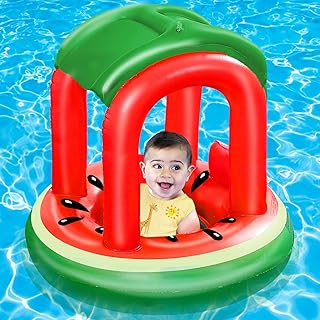 Watermelon Baby Pool Float with Safety Seat & Canopy Inflatable Babies Swim Float with Back Cushion for Toddler Infant 6-36 Months Swim Ring Pool Spring Floaties Accessories Anti Flip Over Wide Airbag