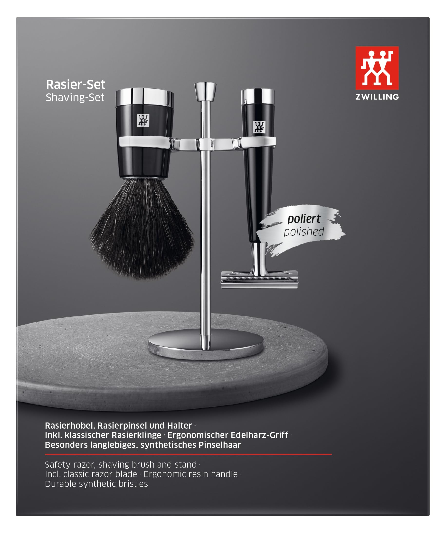 ZWILLING Rasierer und Rasierhobel (einzeln oder als 3-teiliges Set mit Rasierpinsel und Halterung, ergonomisches Design, Nassrasur, Premium-Geschenkset), Schwarz