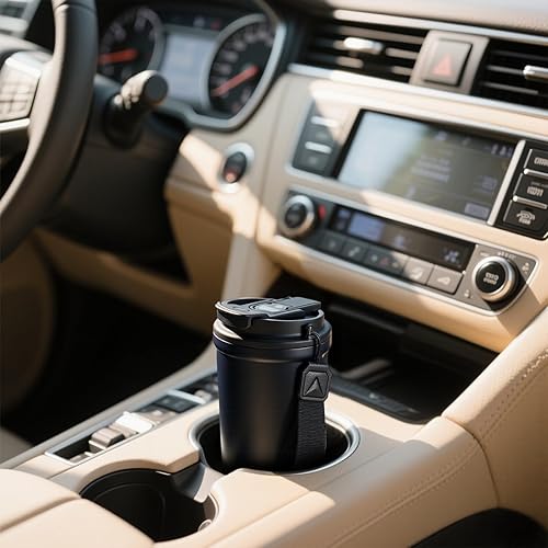 Miniatura 7 de Taza de Café Aislada para Viaje, 13oz Tazas de Café a Prueba de Fugas con Correa y Tapas 2-En-1, Taza de Café Reutilizable de Acero Inoxidable con