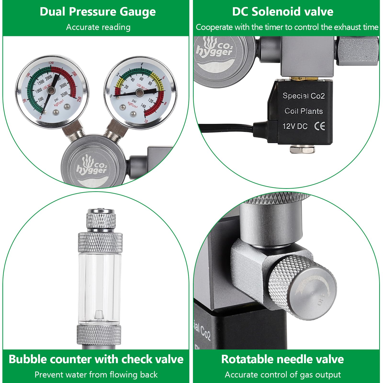 Regulador de acuario con manómetros duales, válvula solenoide de 12 V CC, contador de burbujas y válvula de retención, visualización precisa para sistema de CO2 de plantas acuáticas