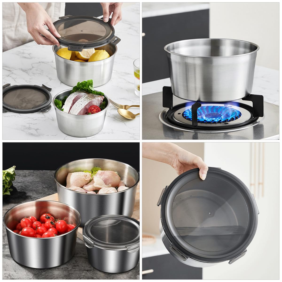 jojofuny Recipientes de Acero Inoxidable con Tapa, 3 Piezas 600-2200 Ml | Plata, 304 Acero y Pp, para Café y Té Floral, Fácil de Limpiar, sin Rebabas, Uso Prolongado