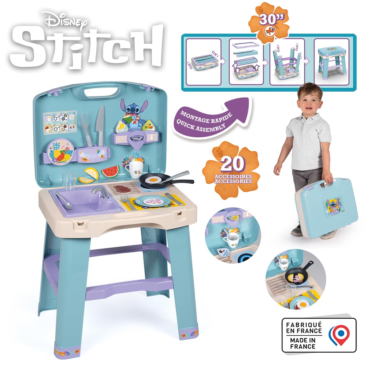 Smoby - Stitch - Cocina - Estuche Plegable - Numerosos Accesorios: sartén, crepera, Taza, cápsulas, Chupete y Otros - A Partir de 3 años - Fabricado en Francia