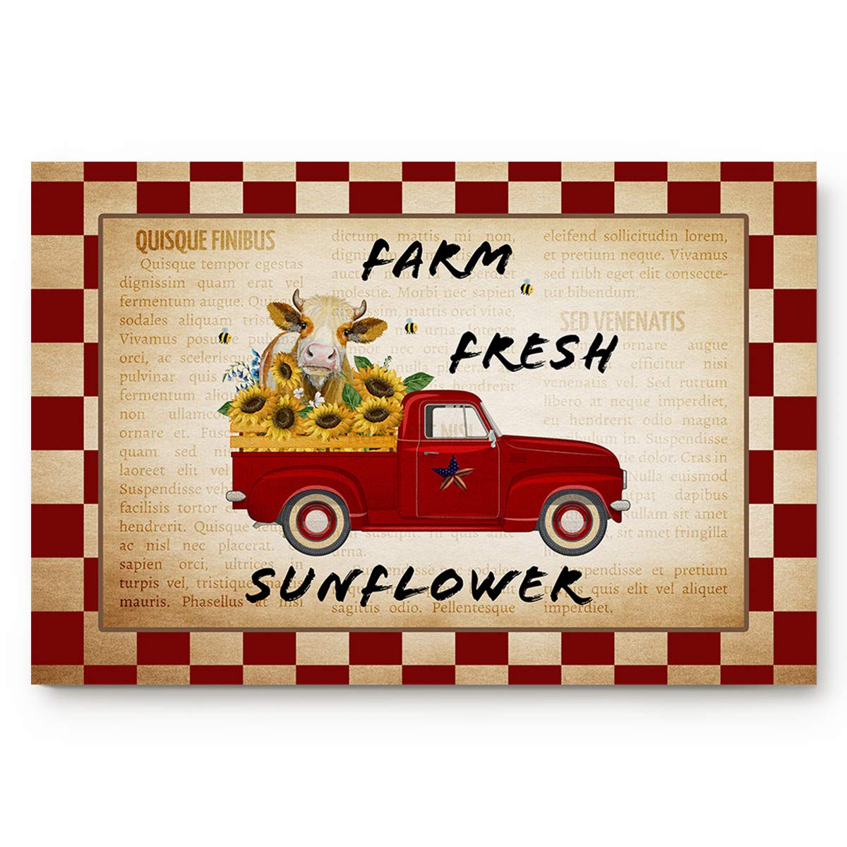 Farm Style Durable Door Mat, Rubber Doormats Non-Slip and Easy Clean, Absorb Water Mats for Garage and Entrance Way Use, 16x24 inch Red Truck Carrying Cow and Sunflowers Retro Red Lattice