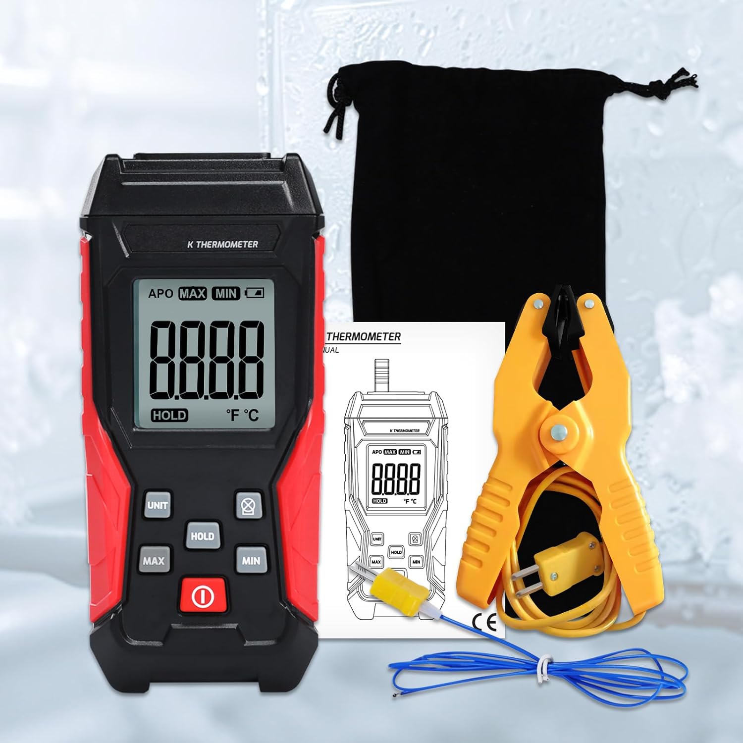 Digital K Type Thermometer, Thermocouple Thermometer Single Channel Thermocouple Tester(-328~2501℉) with 1 Temperature Clamp and 1 Thermocouple Probes LCD Display for K Type