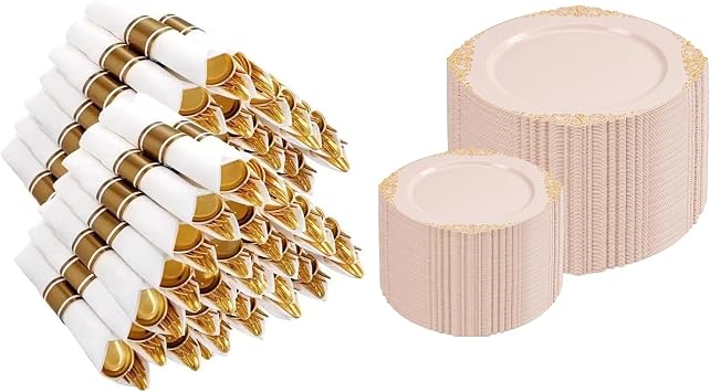 400PCS Pre Rolled Gold Plastic Silverware Sets and 200PCS Pink and Gold Plates