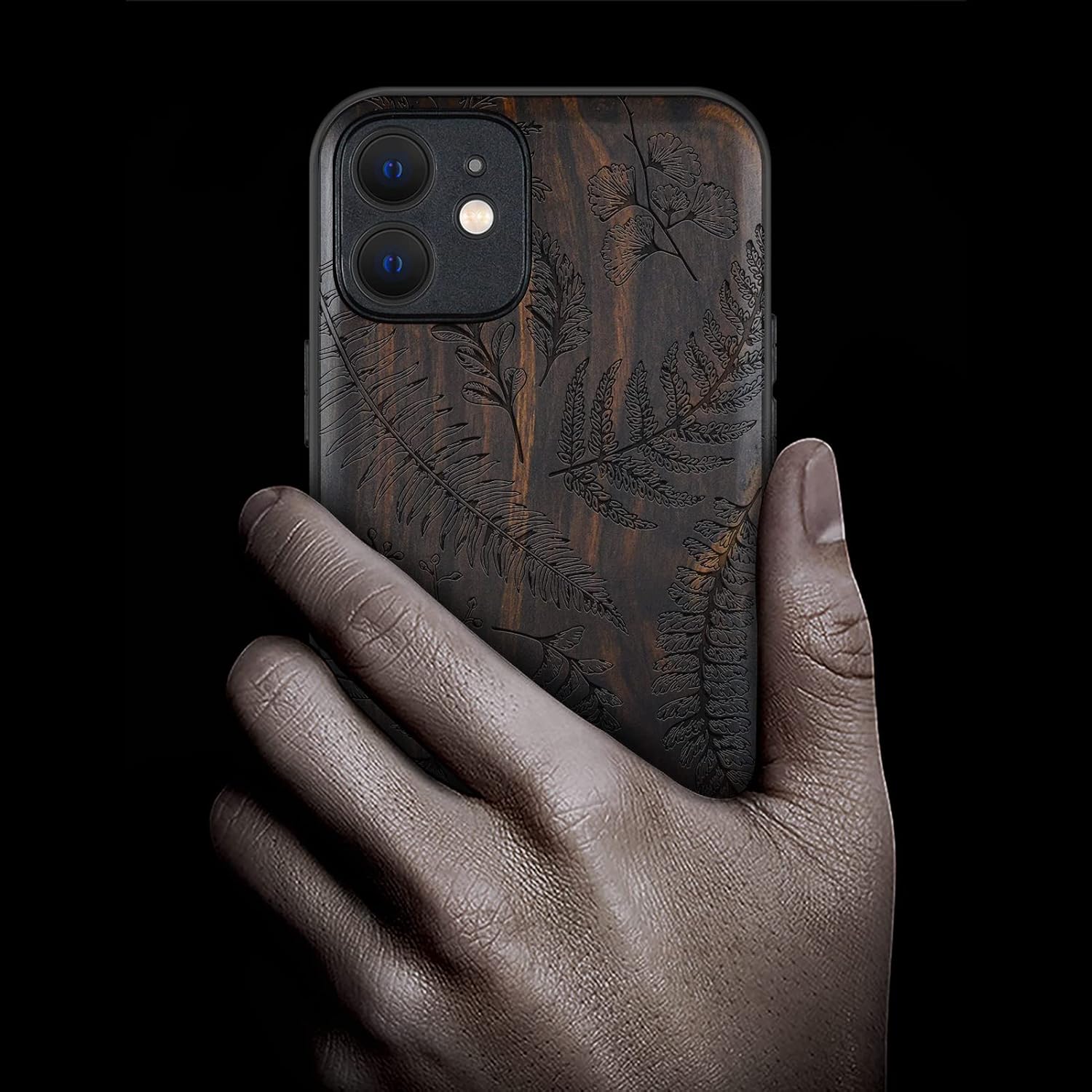 Carveit Magnetic Wood Case for iPhone 12 Case [Natural Wood & Black Soft TPU] Shockproof Protective Unique & Classy Wooden Cover Compatible with MagSafe (Fern Leaves & Herbs -Blackwood)