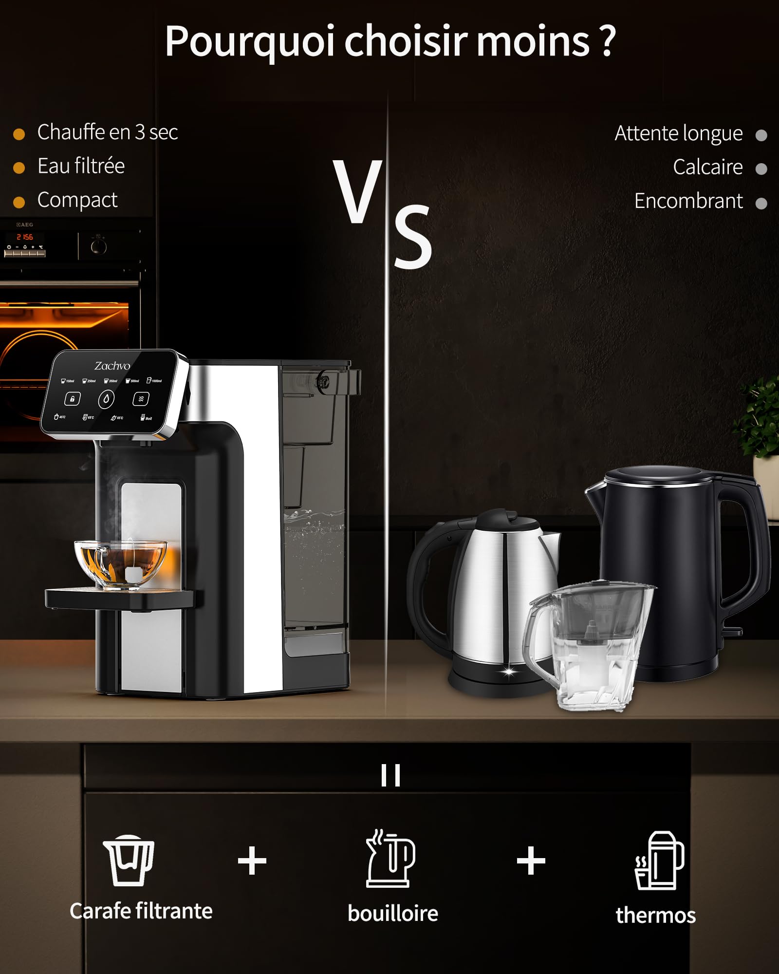 Distributeur d'eau chaude KEI906 (sans filtre) – 2600 W d'eau chaude en quelques secondes, 4 niveaux de température et 5 quantités d'eau, réservoir de 3 l, compact pour cuisine et bureau