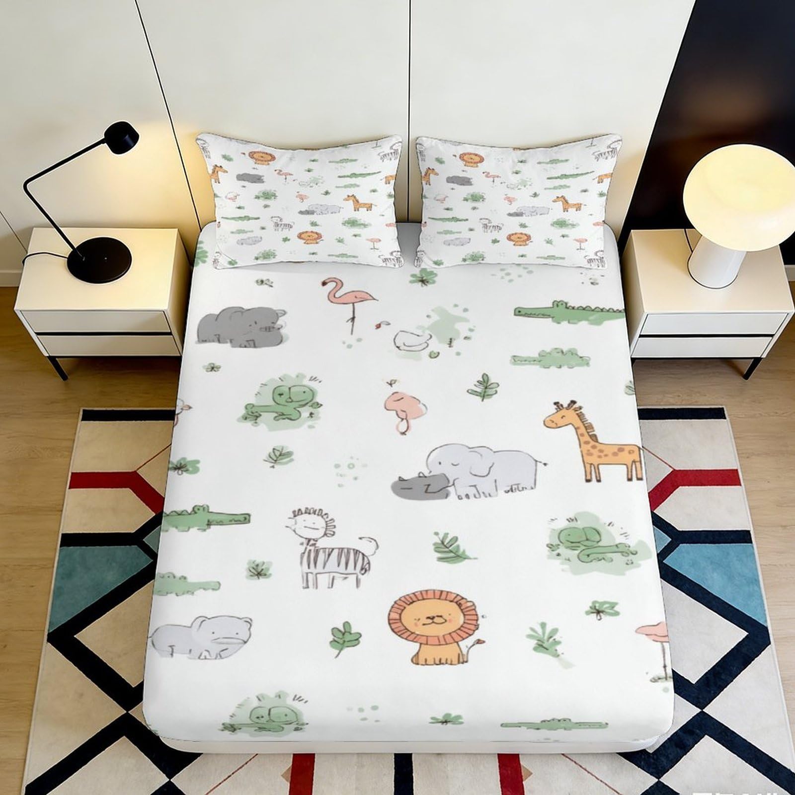 3D Printed Safari Animal Fitted Sheet Microfiber Soft Breathable Jungle Wildlife Mattress Cover for Bedroom Dorm Mattress Protection Decor 180x200x25cm