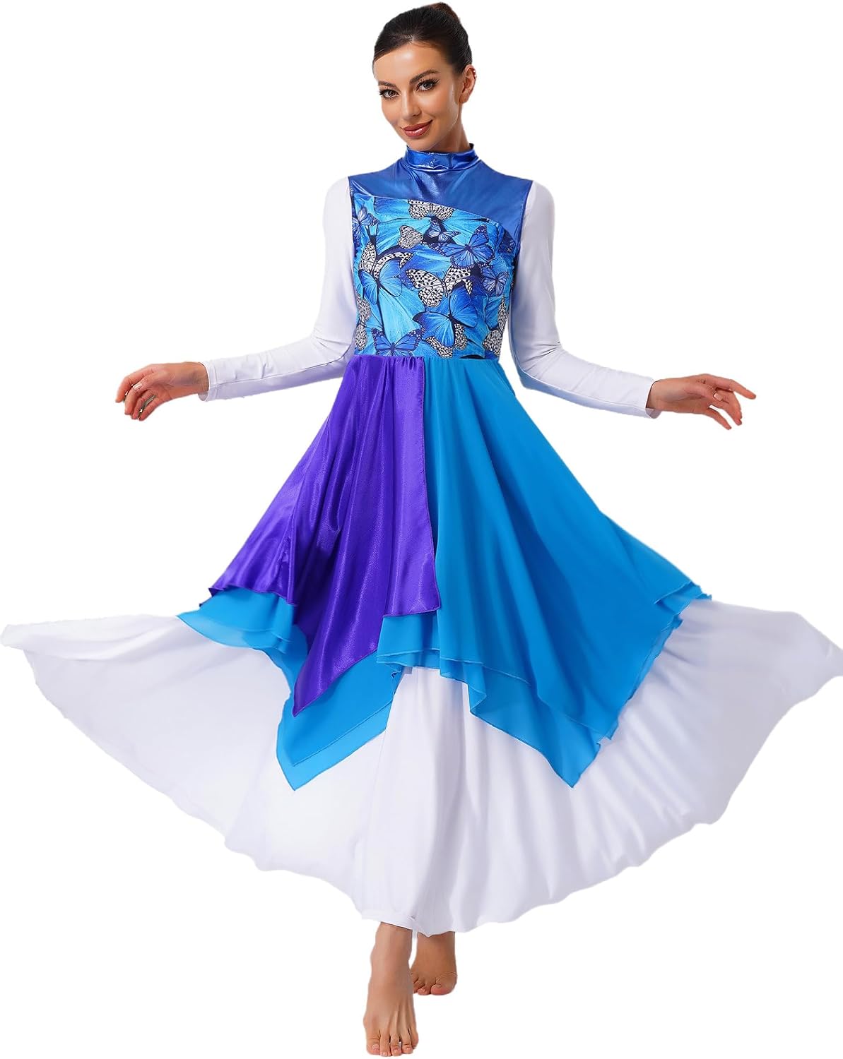 Women's Color Block Printed Liturgical Praise Dance Dress Sleeveless Irregular Lyrical Dancewear