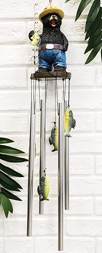 Miniatura 9 de Ebros Gift Figura rústica de Hillbilly de pesca de campo occidental con caña y bajo, figura de corona, campanilla de viento resonante con peces