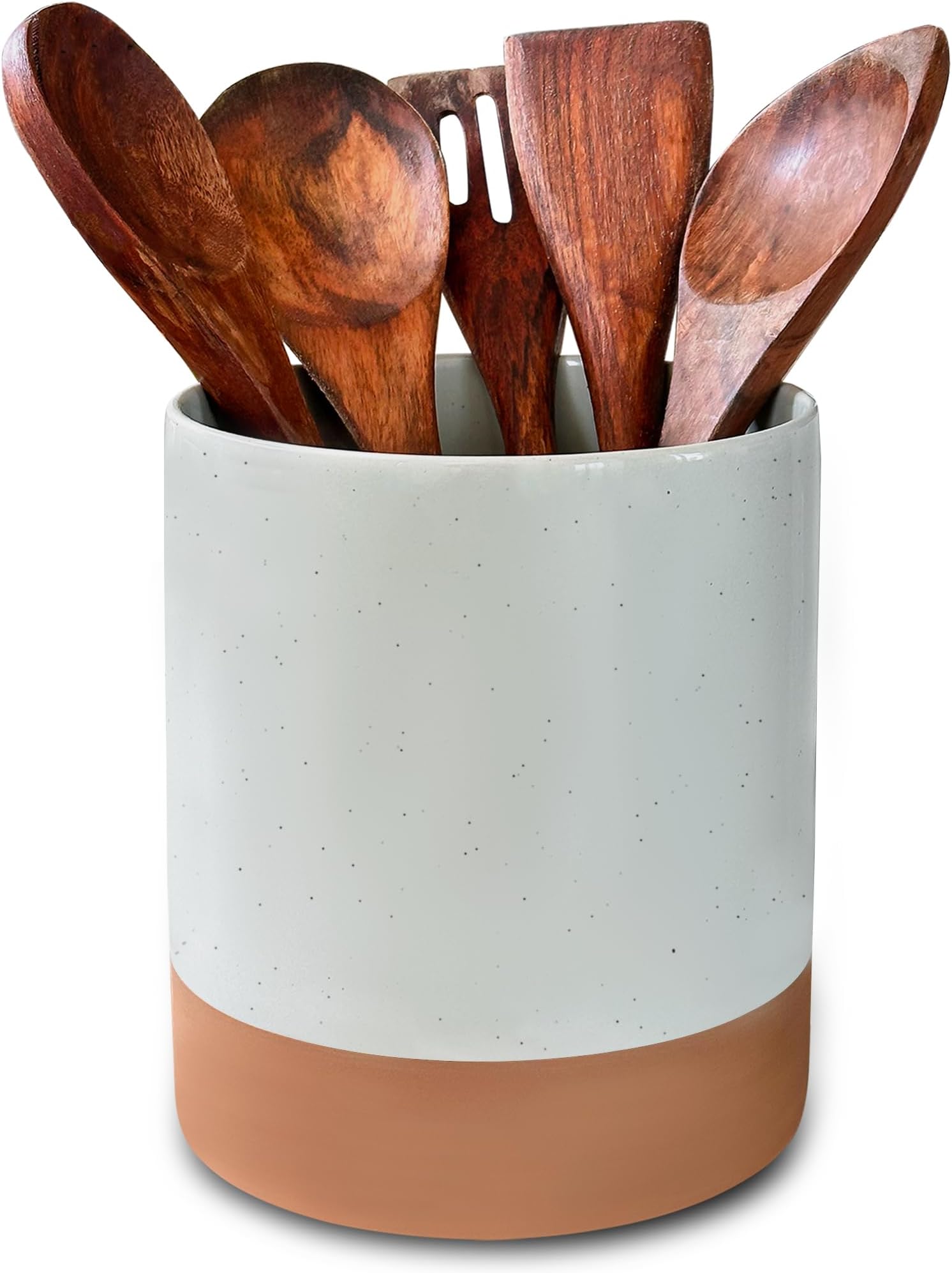 Ceramic Kitchen Utensil Holder - Wooden Spoon & Spatula Crock for Countertop, Modern Farmhouse Home Decor, Extra Large 7.3" Cooking Organizer for Stove Top and Counter - Heavy & Sturdy - Grey