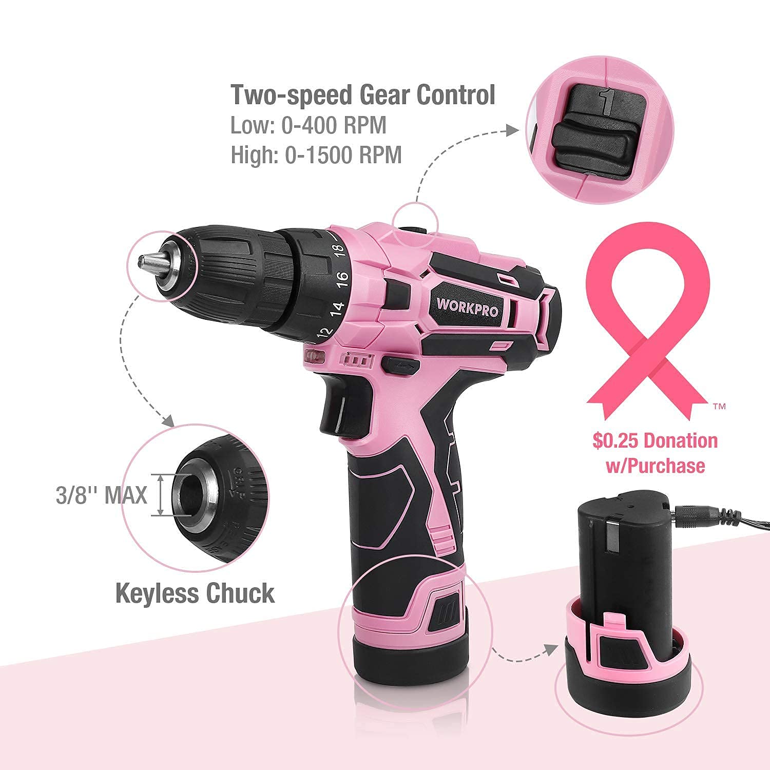 WORKPRO Pink Cordless Drill Driver 