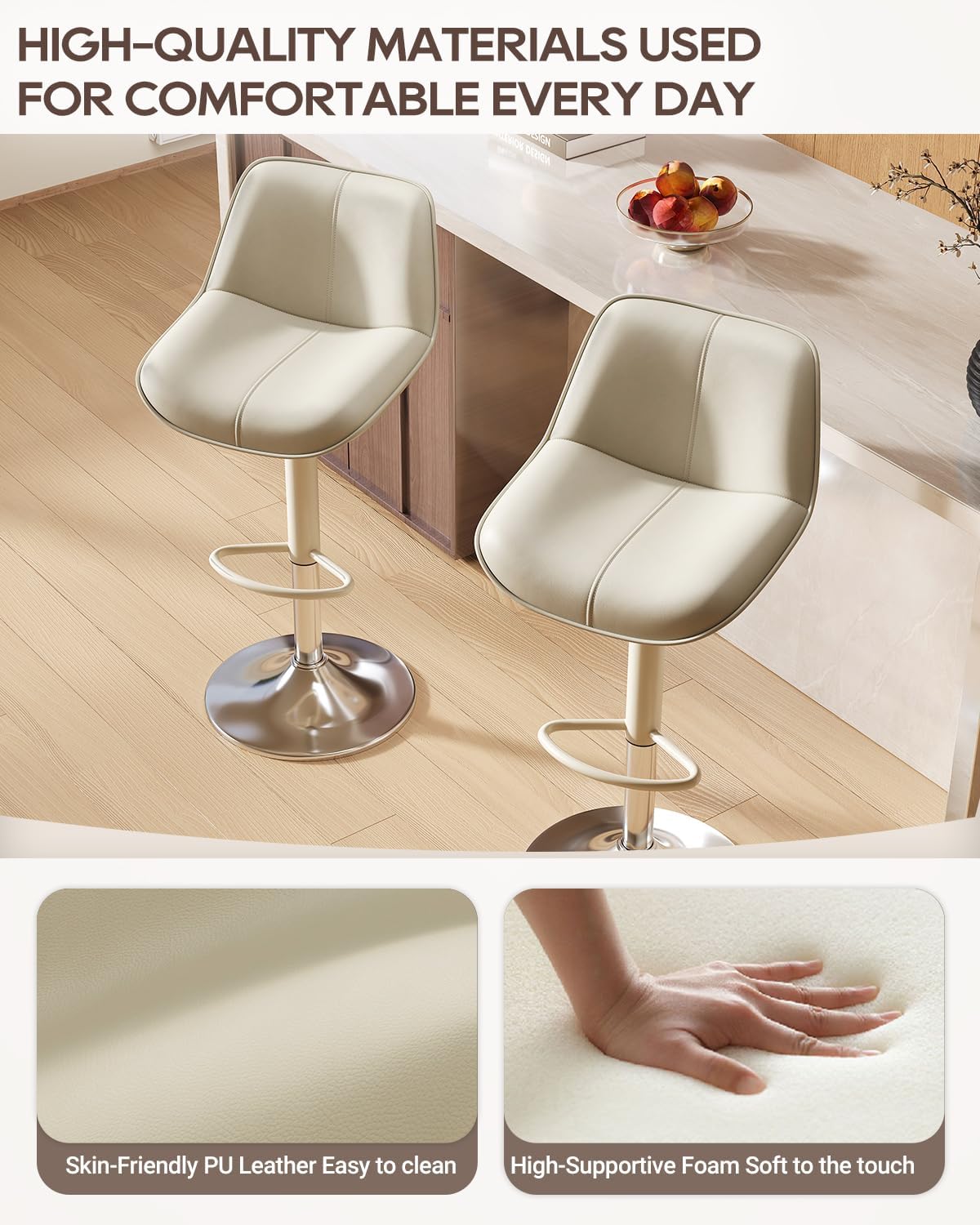 Bar Stools Set of 2, Adjustable Swivel Faux Leather Barstools 26-34inch with Footrests, Counter Height Island Chairs for Bar, Kitchen, Dining Room, Beige
