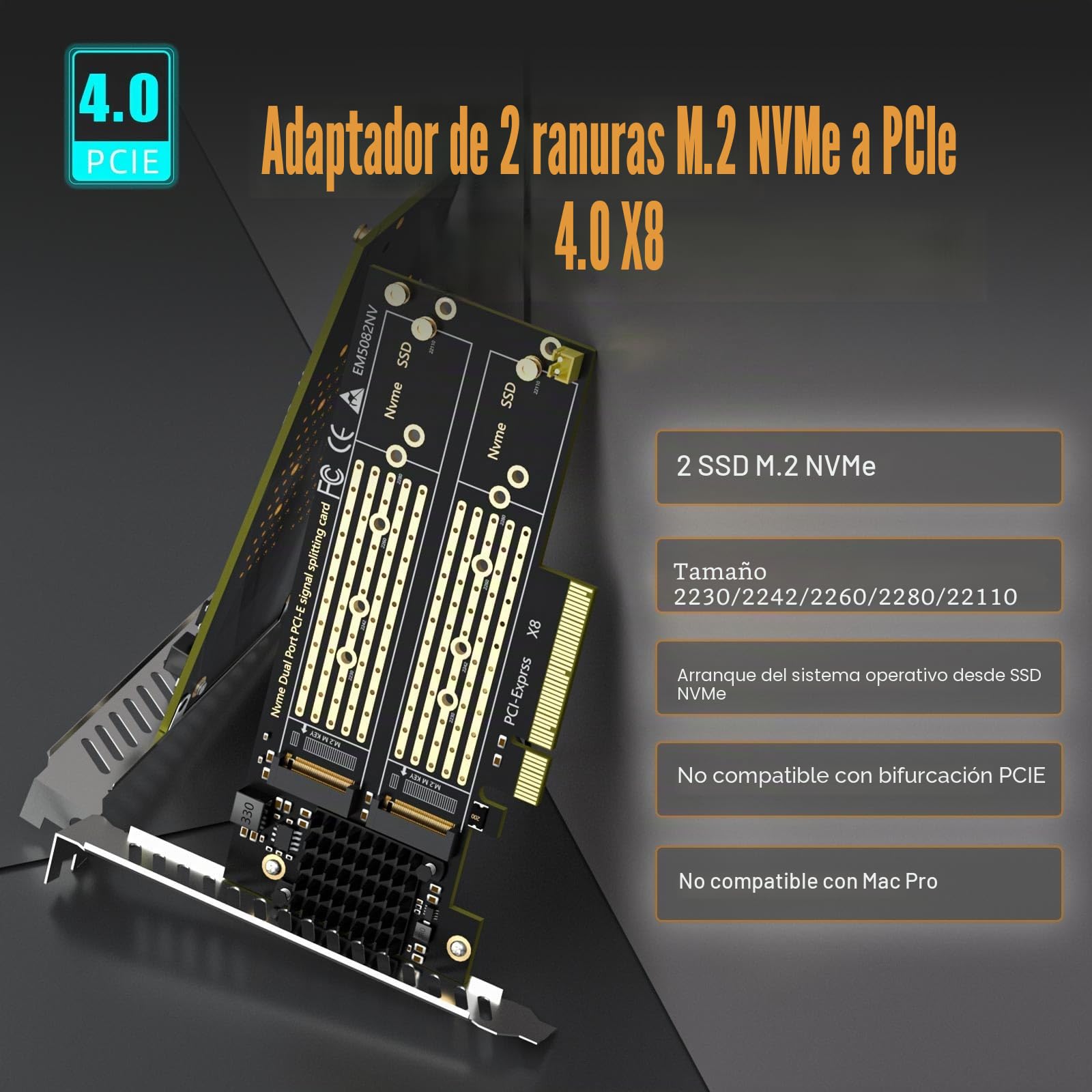 GLOTRENDS PA21 Dual Adaptador M.2 NVMe a PCIe 4.0 X8 sin bifurcación PCIe, configuración de Raid M.2 NVMe Mediante Herramienta del Sistema operativo (Compatible con tamaños 22110/2280)