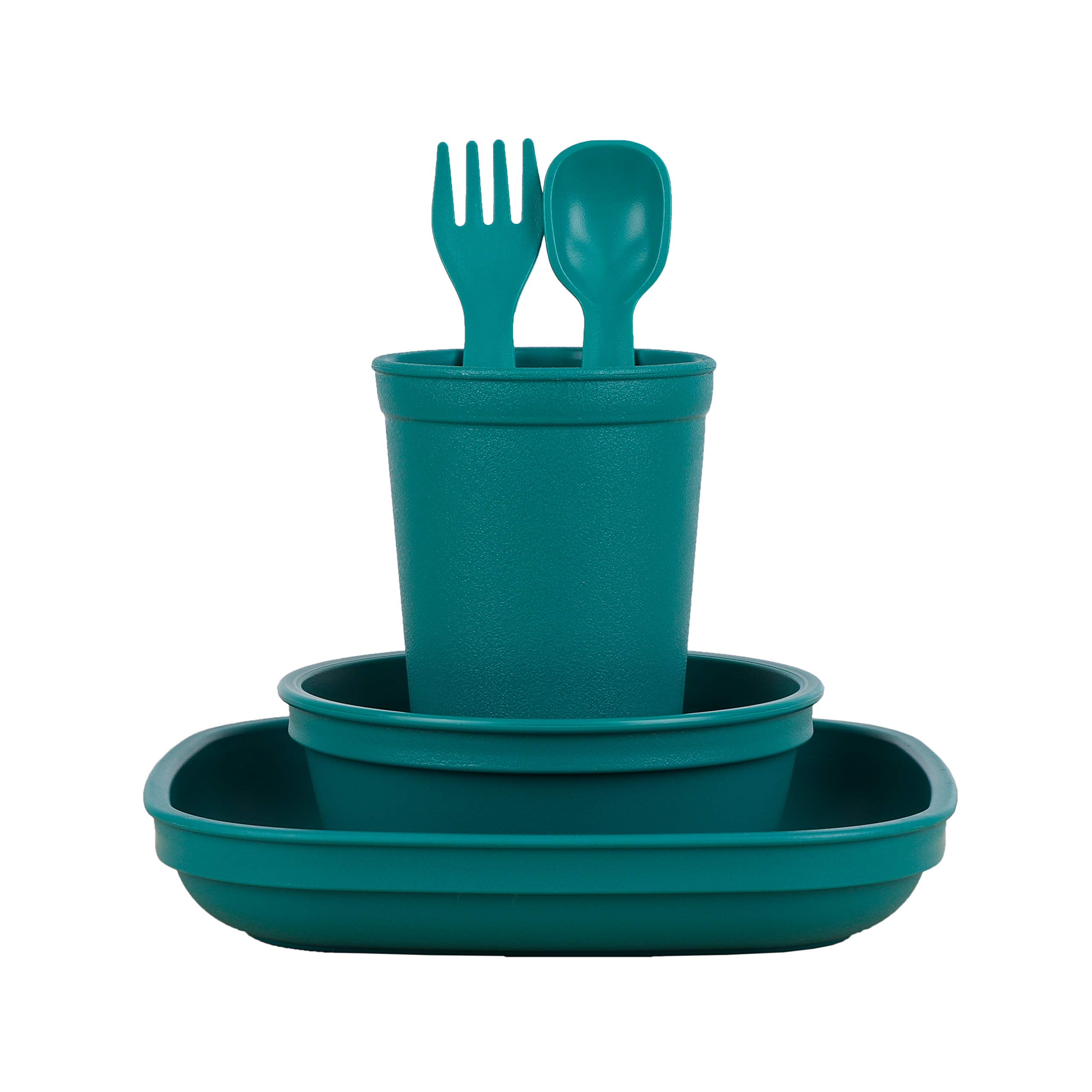 Re-Play Made in USA Toddler Dinnerware Set - 10 oz. Open Cup, 7" Flat Plate, 12 Oz. Bowl, Rounded Tip Fork and Deep Scoop Spoon - Dishwasher/Microwave Safe Plastic Dinnerware Set - Teal