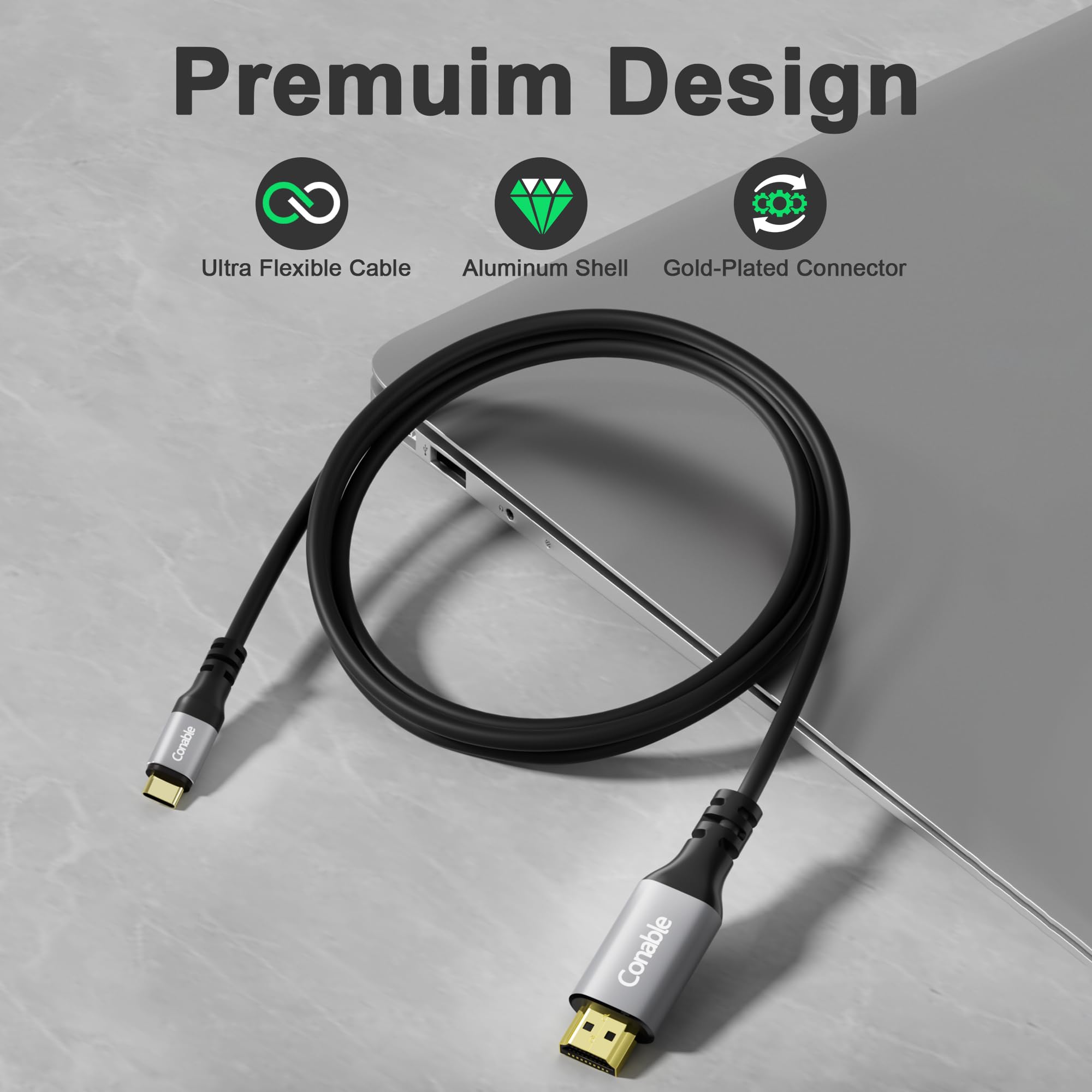 Cable USB C a HDMI (4K a 60Hz) de 8 pies, adaptador flexible USB tipo C a HDMI, Thunderbolt 3/4 compatible con iPhone 16/15 Series, MacBook Pro Air, iPad Pro, XPS, Galaxy S24, Surface, Dell