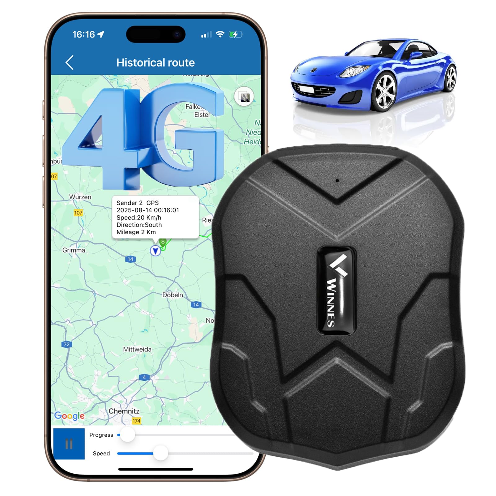 Winnes 4G GPS Tracker Localizzatore GPS per Auto con SIM Integrata Magnetico Batteria 5000mAh Impermeabile IP65 Anti-Furto,Geo-Fence, App Tracking in Tempo Reale,Basso Canone Mensile
