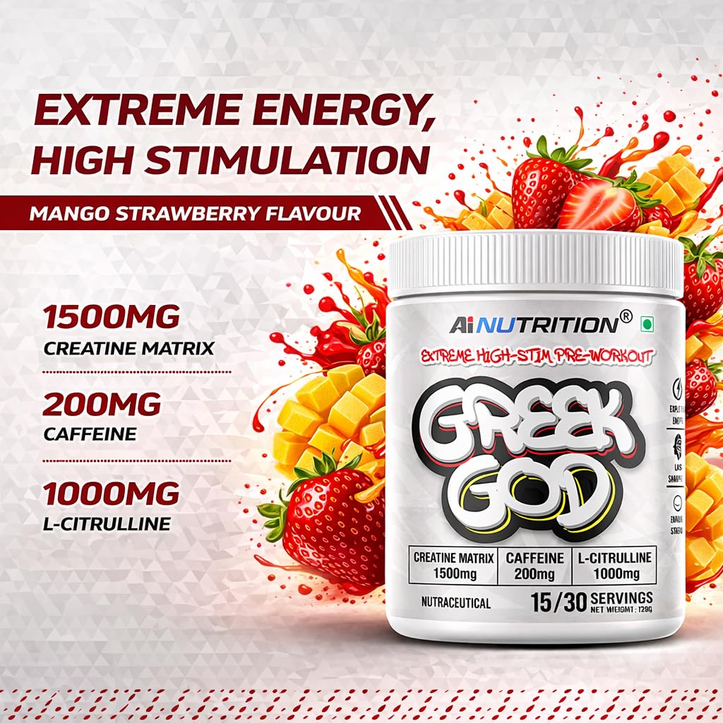 Greek God Pre Workout | Extreme High Stim | 200mg Caffeine, 3000mg Beta-Alanine, 1000mg Citrulline, Black Pepper Extract | Explosive Energy & Focus (15 Servings, Mango Strawberry) — Amazon image 3