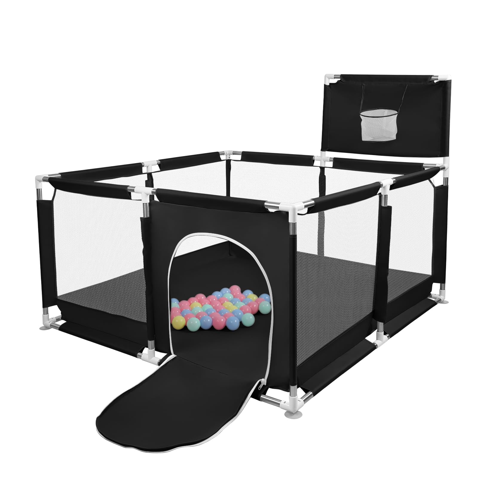 Parc Bébé,d'Activité pour Enfants avec Base,Modulable,Pliable,Grand parc pour enfant en bas âge Avec Porte Zippée,Basketball Rack,Avec 4 Ventouses avec Grille de Protection-126 * 126 * 66cm-Noir