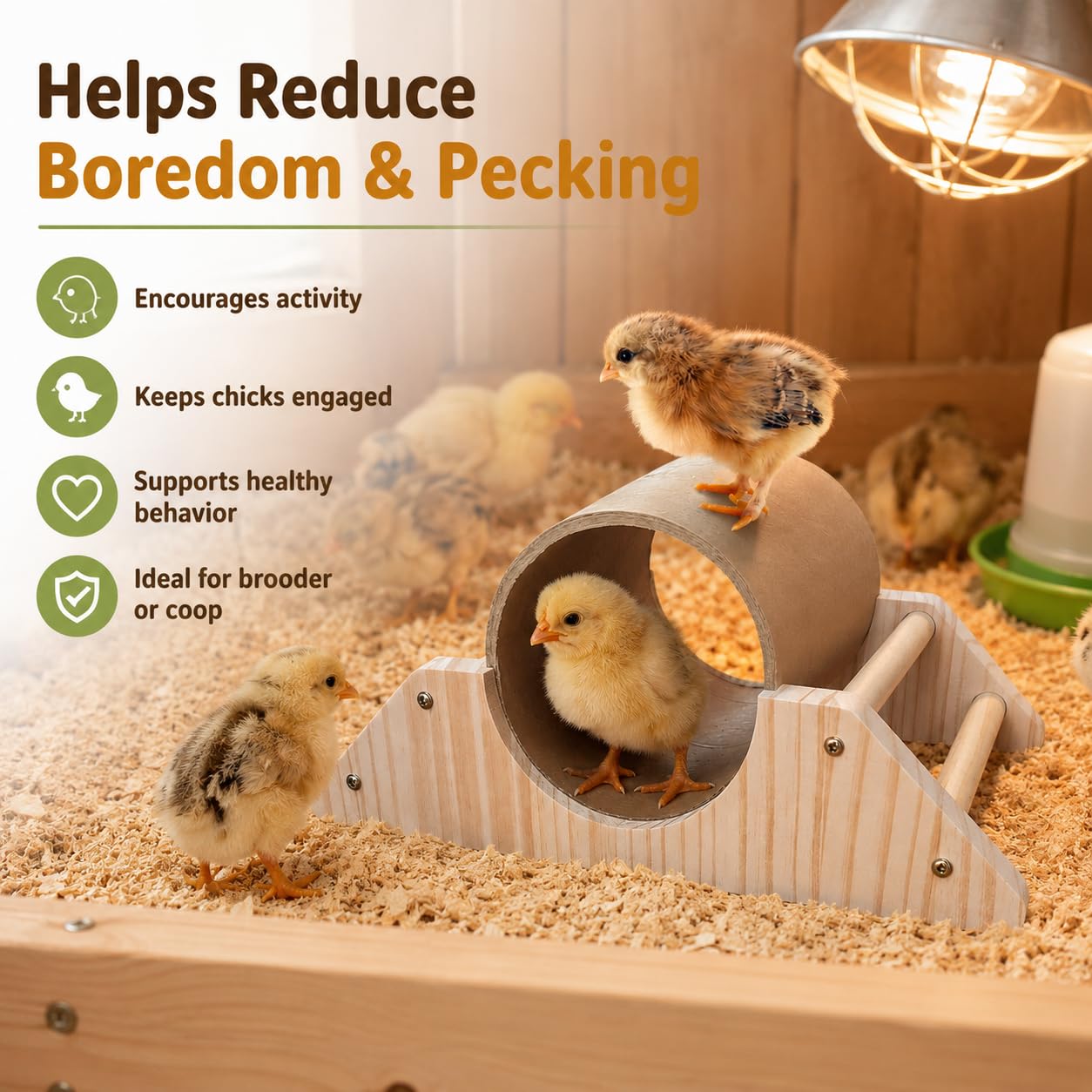 Percha para pollitos de pino con túnel de ocultación, barra fuerte para jugar al gimnasio, juguetes de pollo de accesorios de gallinero y criadora, juguetes de perca de entrenamiento para pájaros