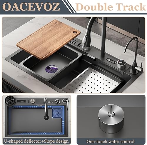 Miniatura 4 de Fregadero de cocina en cascada de acero inoxidable de 31.5 pulgadas, fregadero de cocina de granja con pantalla LED de temperatura y grifo