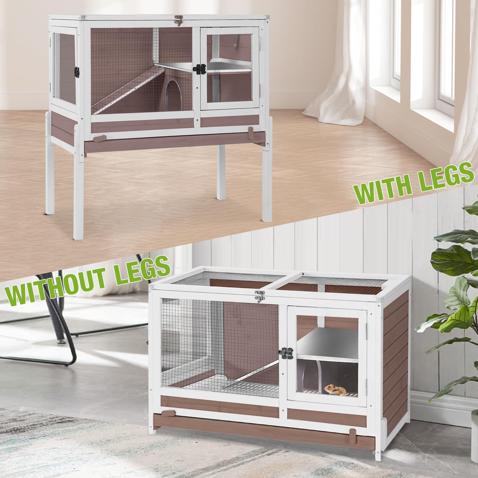 Wooden Guinea Pig Cages Indoor,Two-Story Wooden Rabbit Cage Hutch with Removable Stand and Pull Out Tray, Small Animals Cage Habitat with Ramp and Plastic Mesh(Brown&White)
