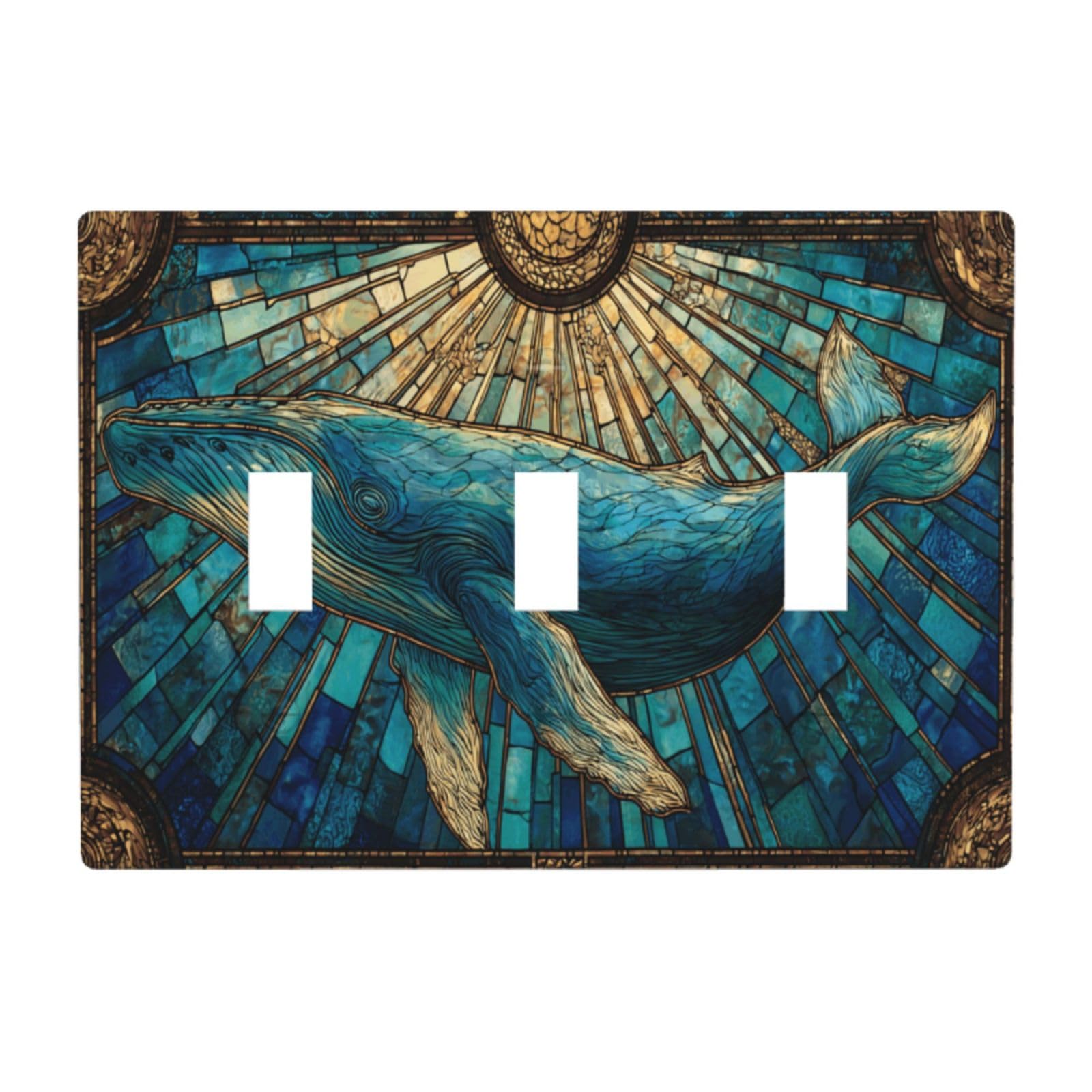 Blue Whale Stained Glass Light Switch Covers 3 Gang Triple Toggle Wall Plate Switchplate Electrical Faceplate for Bathroom Kitchen Bedroom Decor