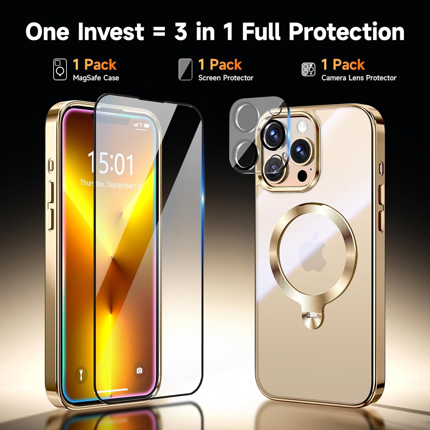 [Tri-Shield Protection] for iPhone 13 Pro Max Case with 360° Spin Stand Compatible with MagSafe [Magnetic CD Ring] [Screen & Camera Lens Protector] Shockproof Plating Never-Yellowing, Gold-6.7"