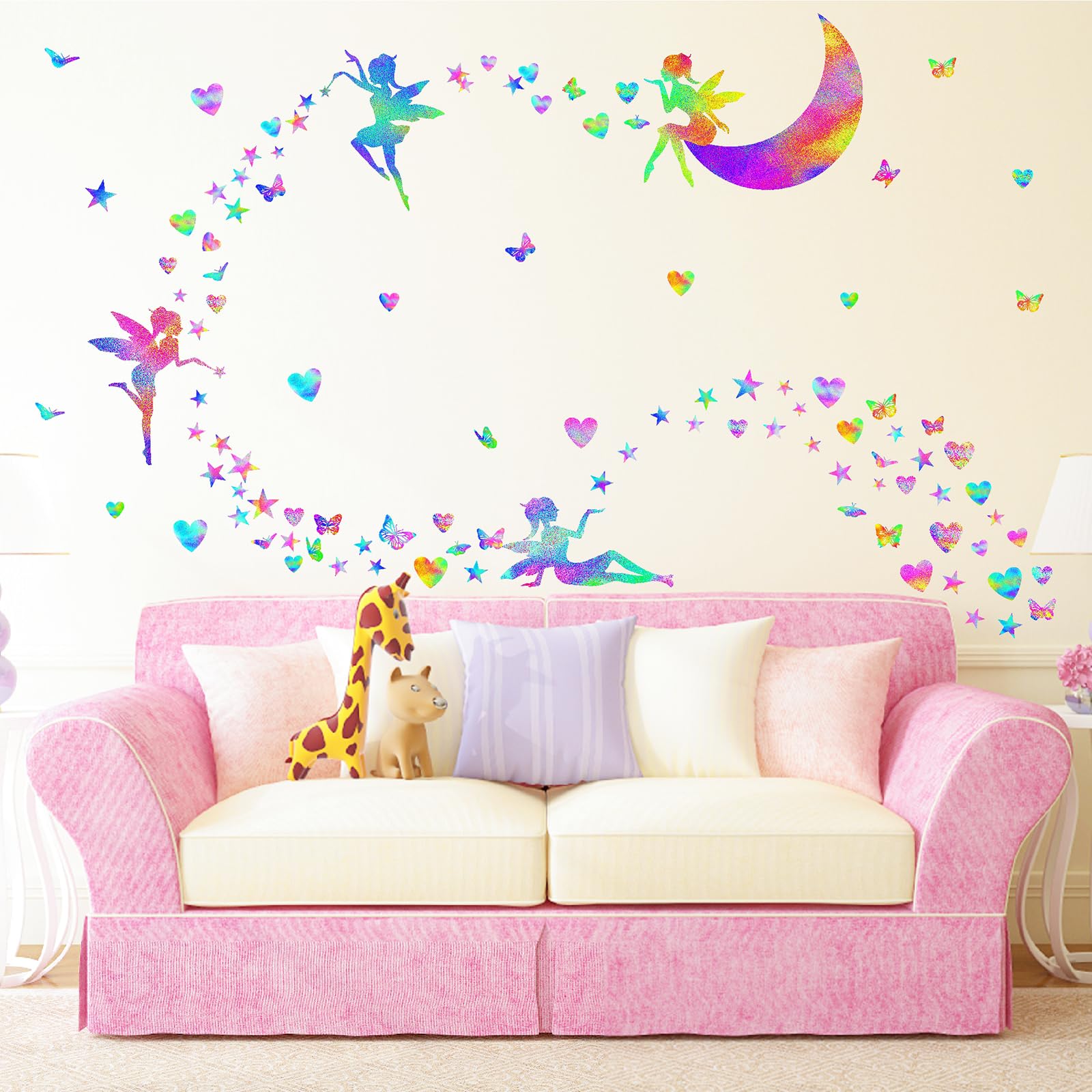 Colorful Fairy Wall Stickers Cute Heart Butterfly Moon Star Stickers Girly Wall Decals Peel and Stick Pink Purple Fairy Wall Decals for Girls Room