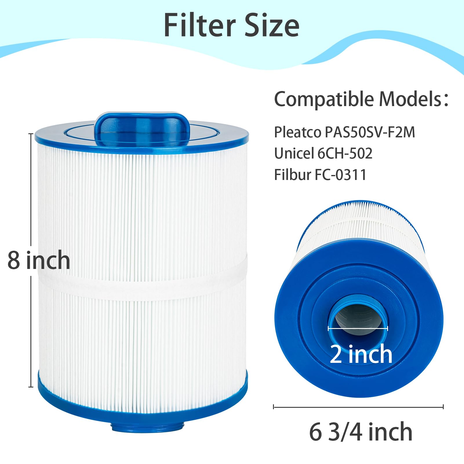 Future Way PAS50SV Hot Tub Filter Replacement for Artesian Spas 50, Tidal Fit Swim 06-0006-12, Replace Pleatco PAS50SV-F2M, Unicel 6CH-502, Filbur FC-0311, Excel Filters XLS-604, Spa Filter, 50 Sq. Ft
