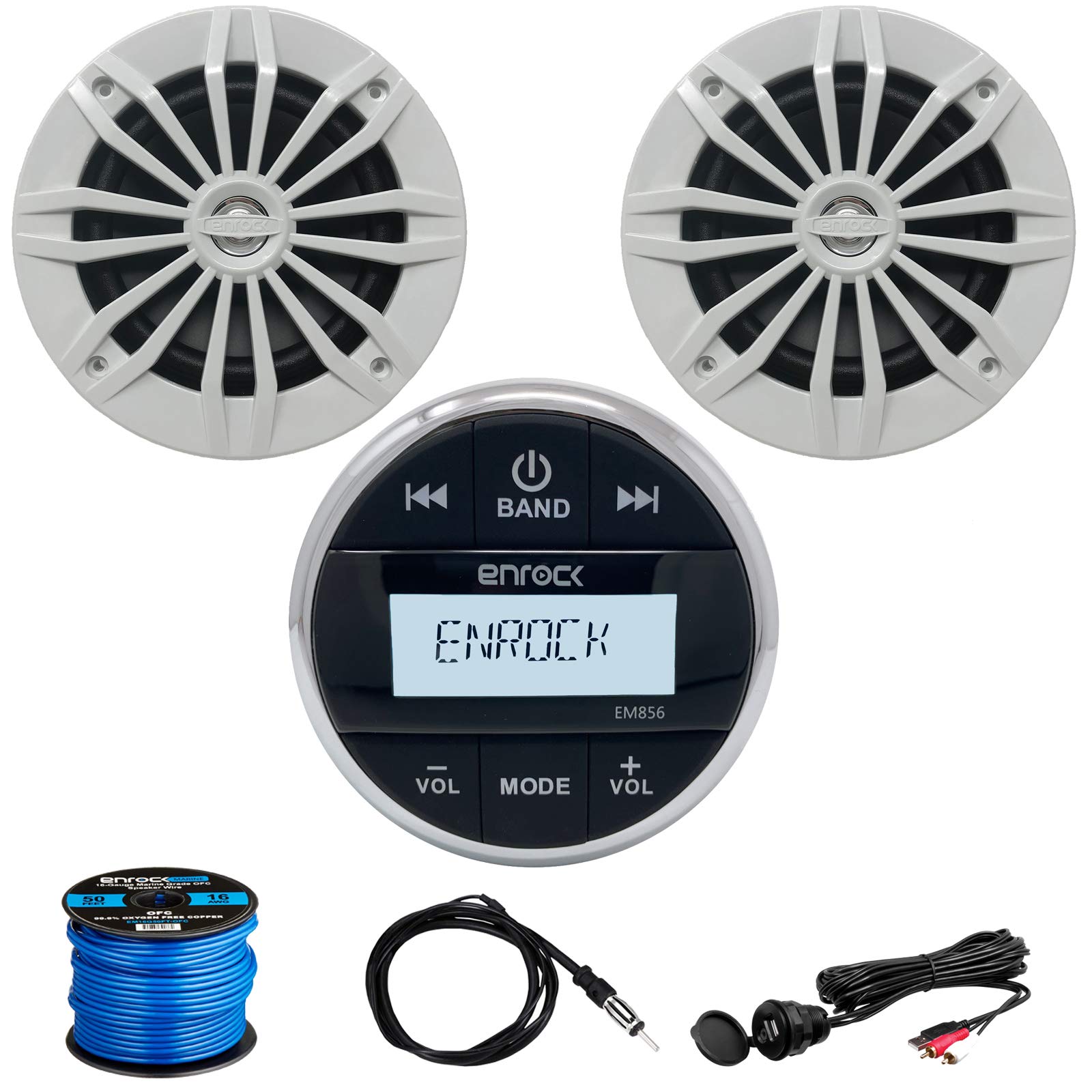 Enrock EM856 Gauge Mount Media Center Marine-Grade Receiver, 2 x EnrockMarine 6.5" 2-Way 180W Speakers (White), USB/3.5MM Auxiliary Interface Mount, Radio Antenna, Speaker Wire