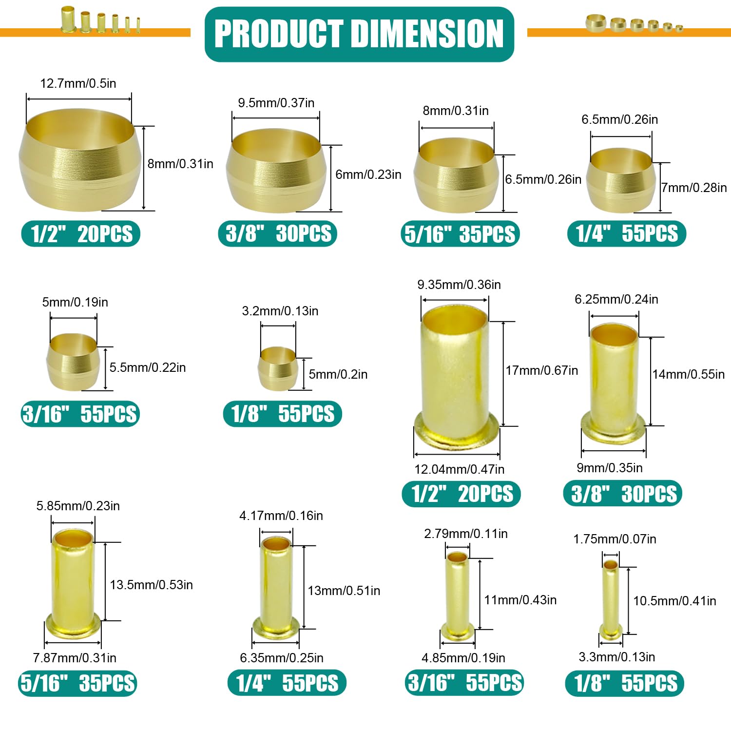 500PCS Brass Compression Sleeves Ferrules Inserts Kit 1/2
