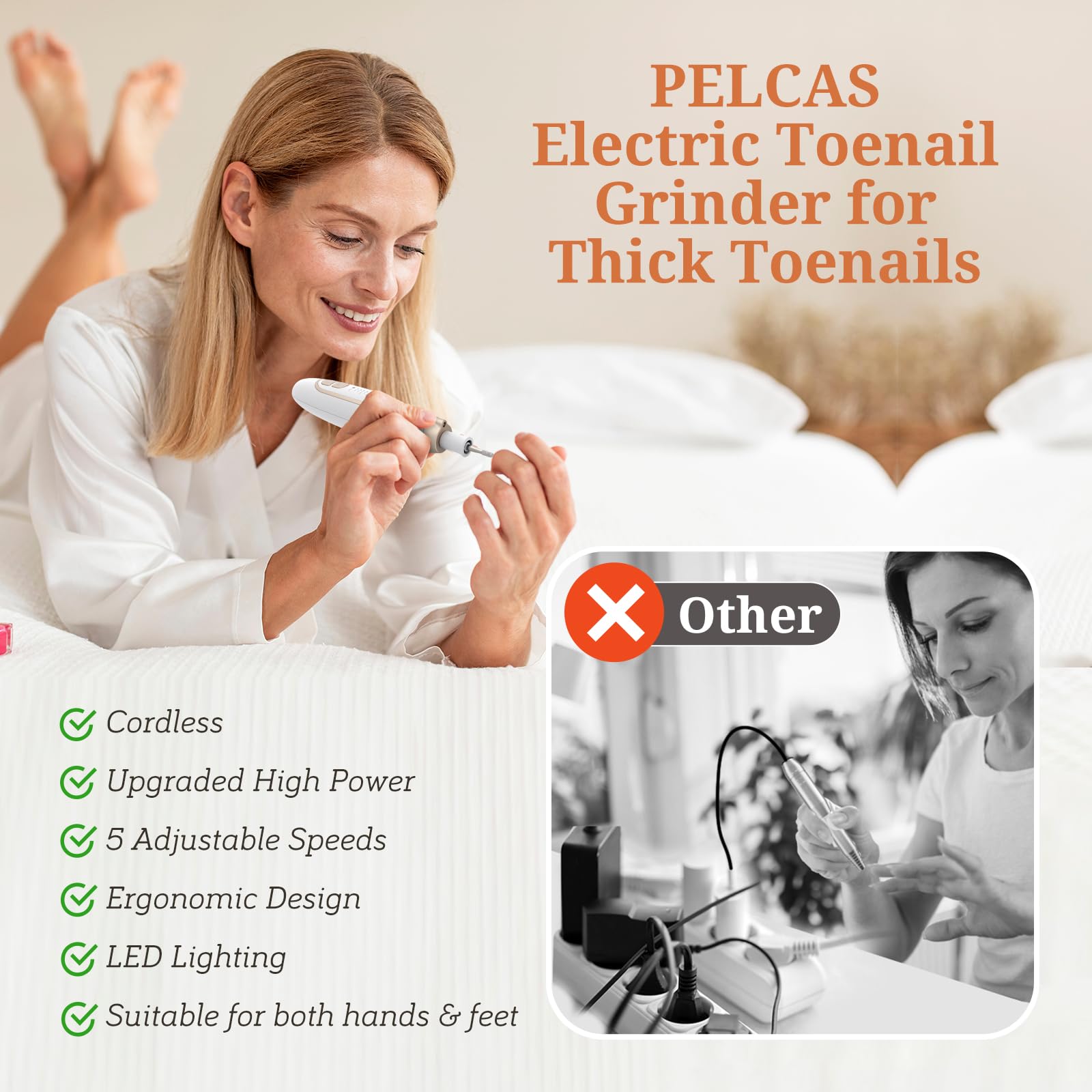 PELCAS Electric Nail File 45000 RPM, 5 Speeds Manicure and Pedicure Kit, Cordless Nail Drill with LED Light - Image 2