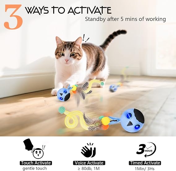 Interactive Cat Toys for Indoor Cats Adult, Cat Ball Toy for Kitten, Automatic Moving Ball for Puppy Small Dog with 2 Feather Tails, 4 Mode Motion Touch Activation, Multiple Chirps Stimulate