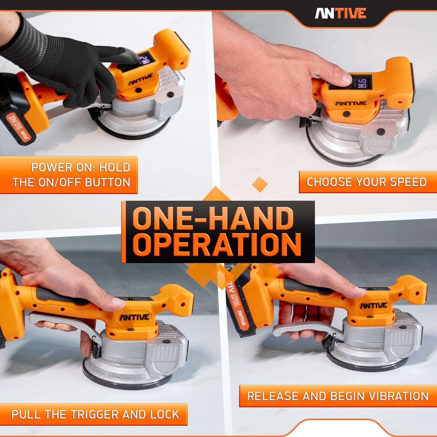 Tile Vibration Tool Pro Set with 21V Batteries & 8″ Vacuum Suction Cup – 110 lb. Tile Suction Cup Tool Power – 9 Tile Vibrator Levels for Leveling Marble, Ceramic, Paver, Granite & Concrete