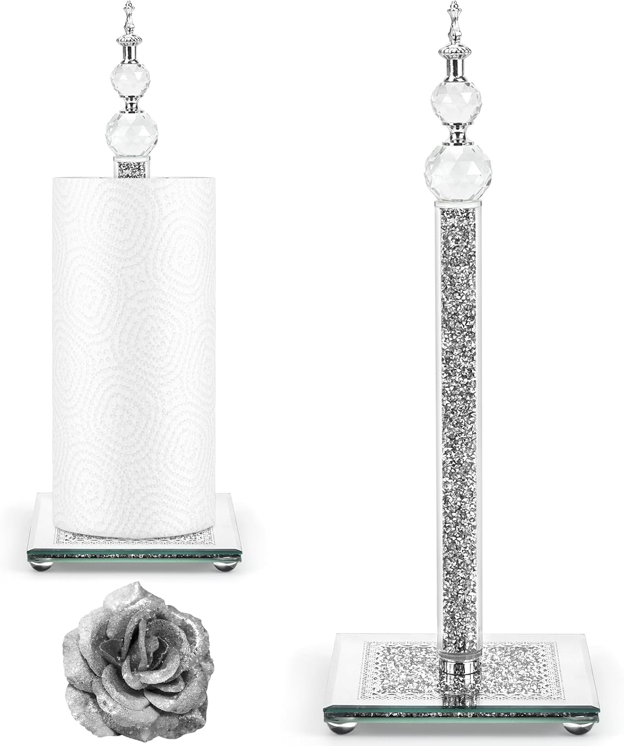 AstraLoom Crystal Paper Towel Holder, Bling Silver Standing Paper Towel Dispenser for Kitchen & Bathroom, Weighted Base, Decorative Countertop Holder (Square/Silver)