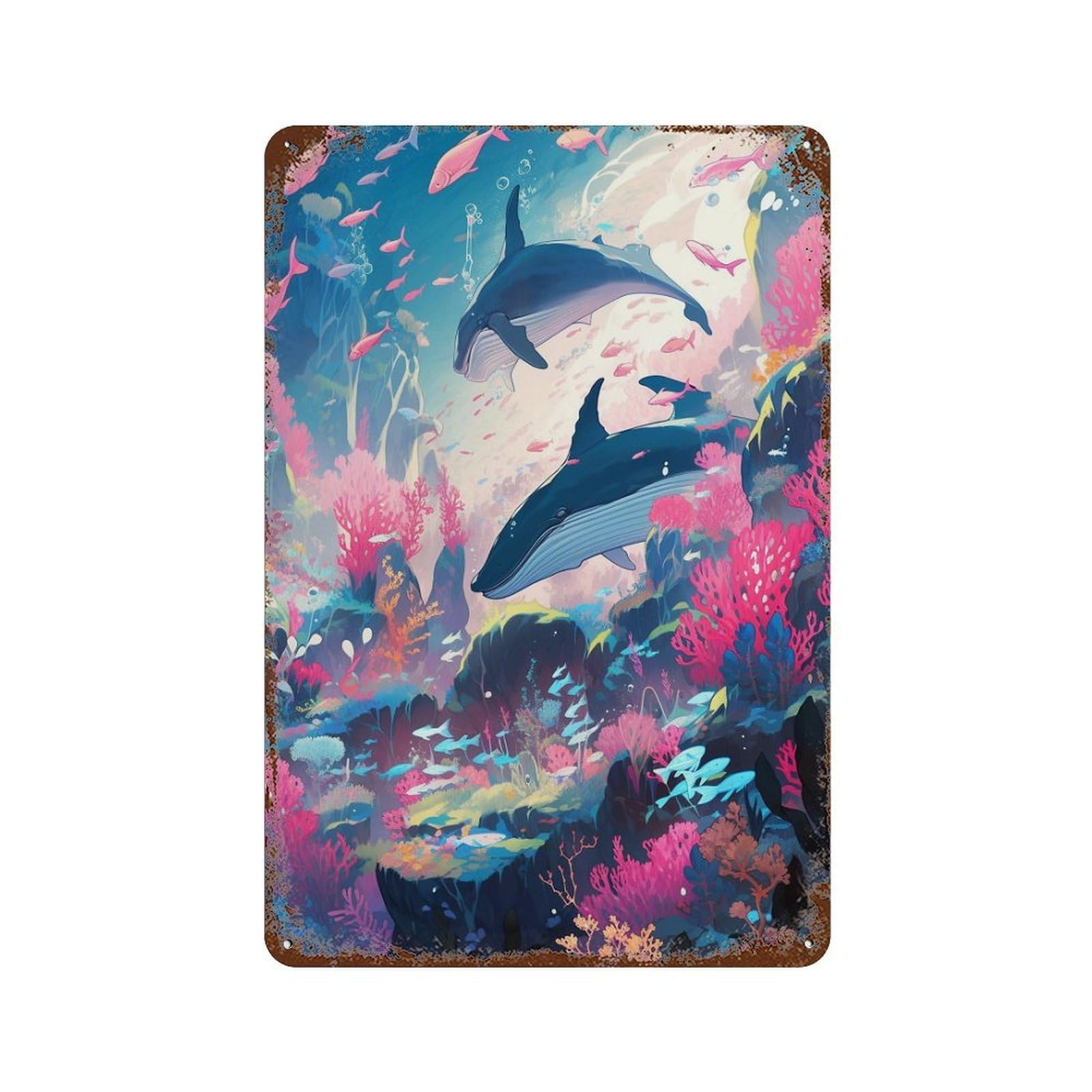 Whale Paradise Underwater Decorative Tin Sign 11.8"x7.9", Retro Wall Decor for Garage, Pub Or Kitchen