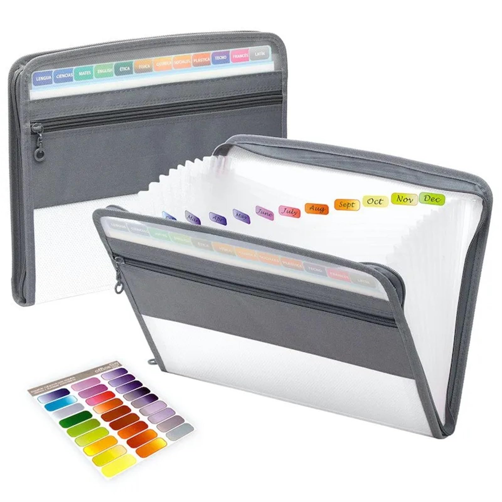 Organizador de archivos en acordeón de plástico, Organizador de documentos acordeón plástico, carpeta expandible 13 bolsillos, cierre cremallera, multicolor(White)