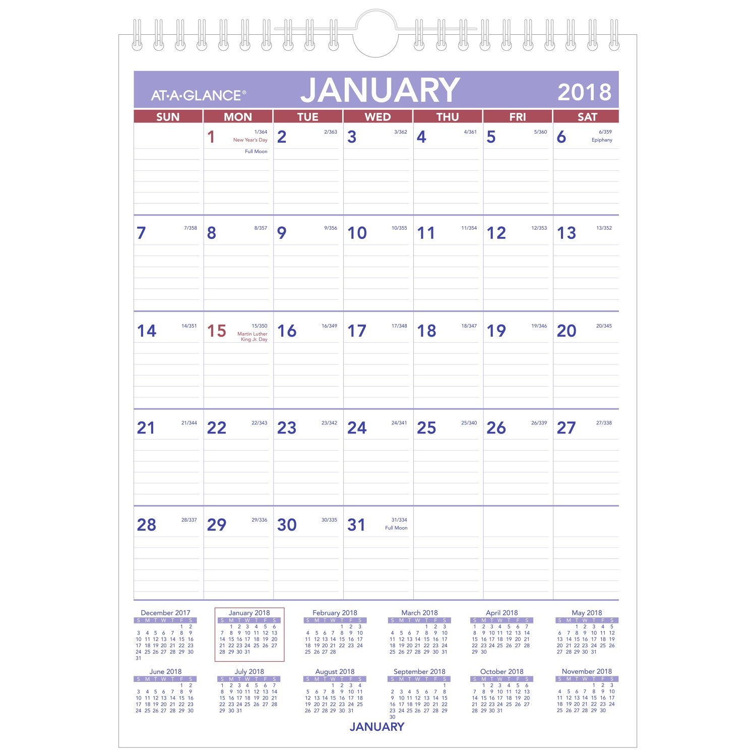 AT-A-GLANCE calendario de pared mensual, enero de 2018 – de diciembre de 2018, 8 "x 11," espiral, tamaño mini (pm128)