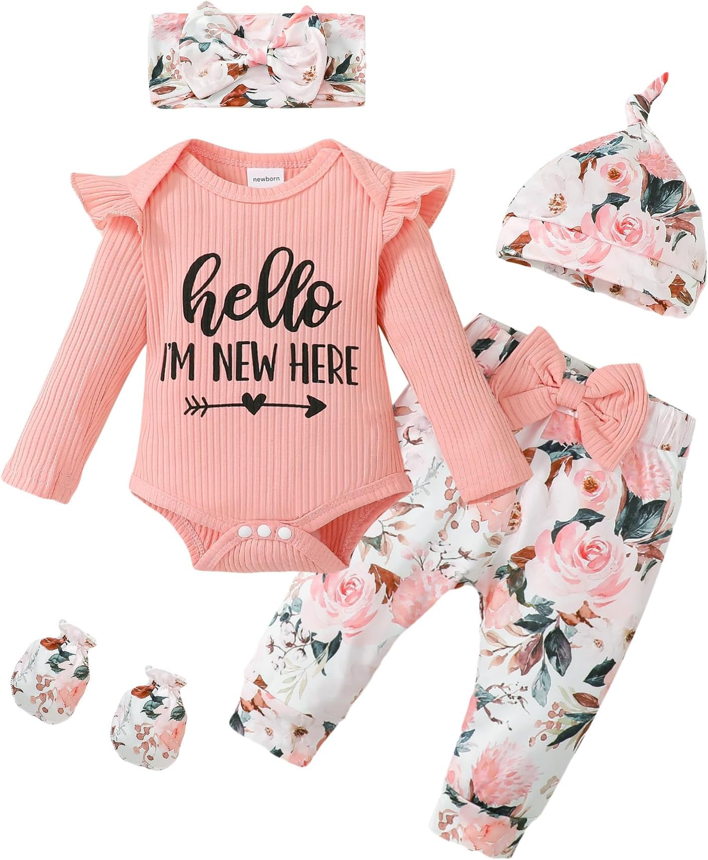 SinhoonNewborn Baby Girl Clothes Hello I'm New Here Letter Romper+Floral Pants+Hat+Headband+Coming Home Outfits